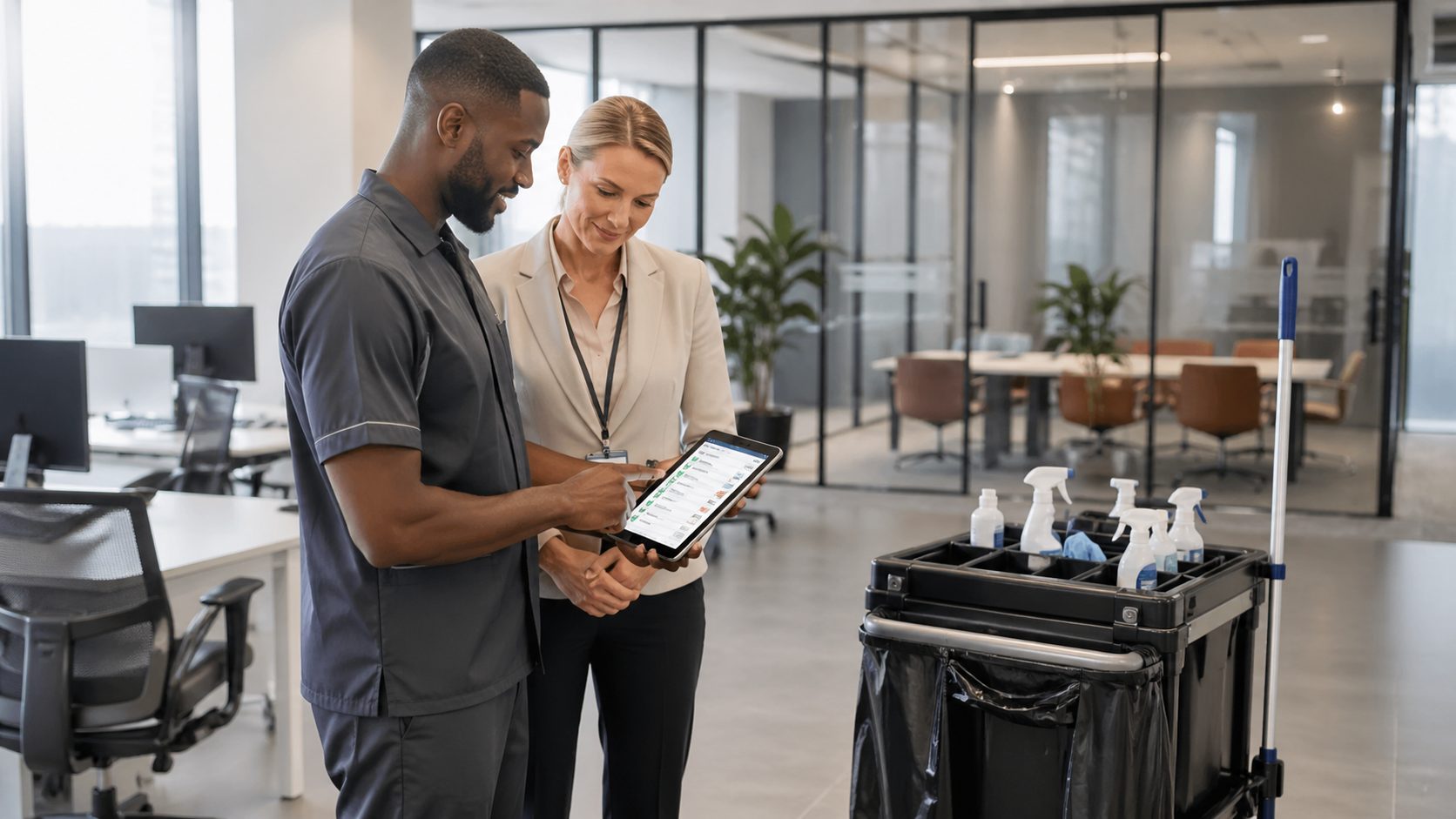 Agent de propreté et responsable de bureau vérifiant le suivi du nettoyage sur tablette dans des bureaux modernes propres