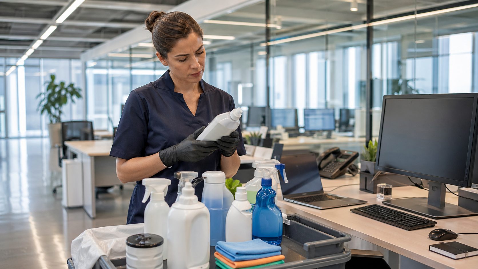 Agent d’entretien choisissant des produits adaptés pour le nettoyage de bureaux sensibles avec équipements informatiques
