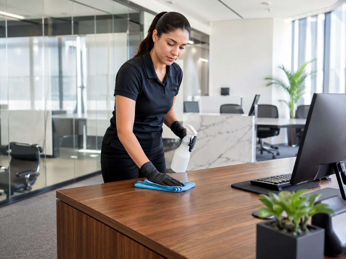 Agent d’entretien nettoyant délicatement un bureau en bois avec une microfibre pour protéger les surfaces fragiles