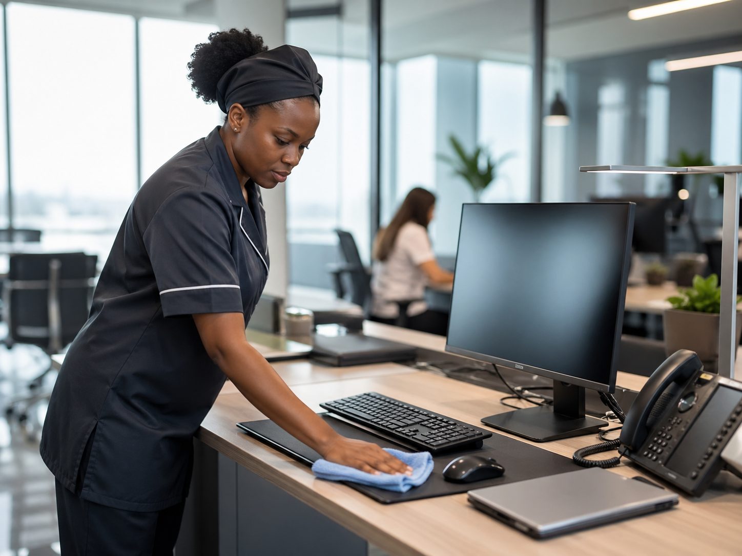 Agent d’entretien nettoyant soigneusement un bureau moderne avec du matériel informatique protégé