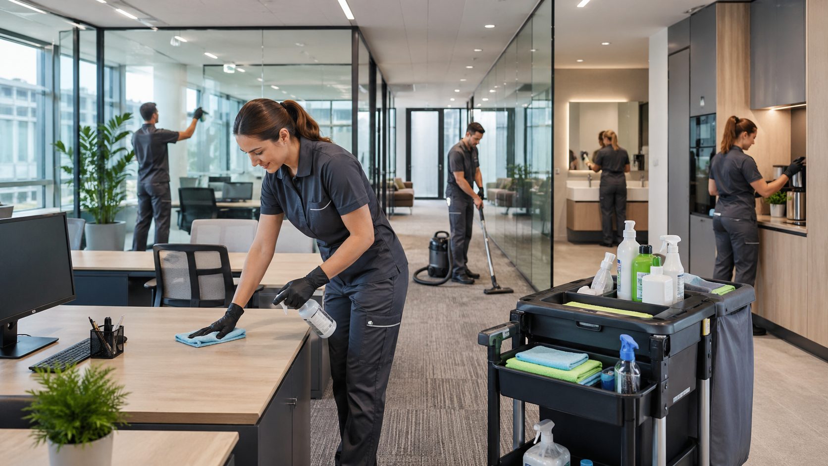 Agent de nettoyage professionnel entretenant des bureaux modernes dans un immeuble tertiaire avec matériel spécialisé