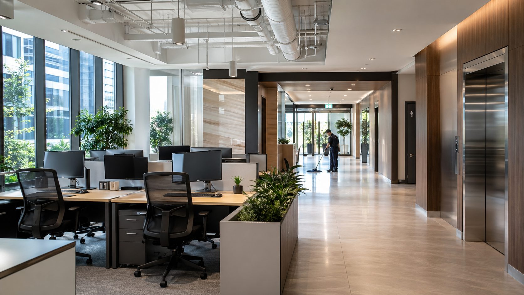 Bureaux modernes propres avec agent d’entretien dans les parties communes d’un immeuble professionnel