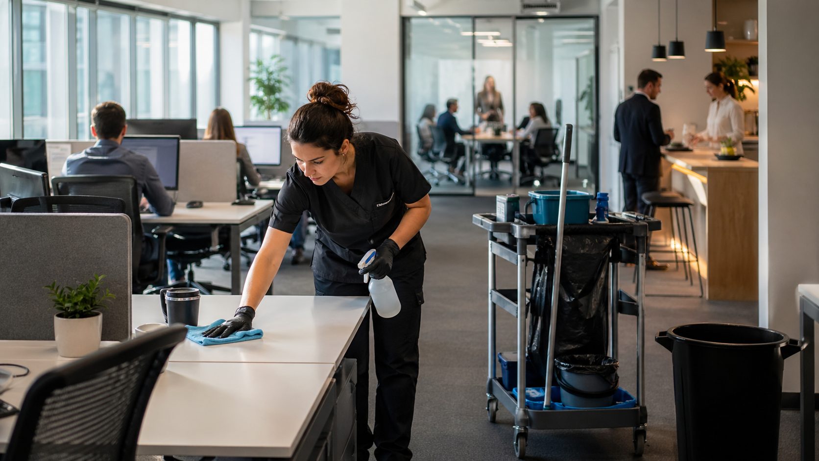 Agent d’entretien nettoyant un bureau moderne occupé pendant une période de forte activité