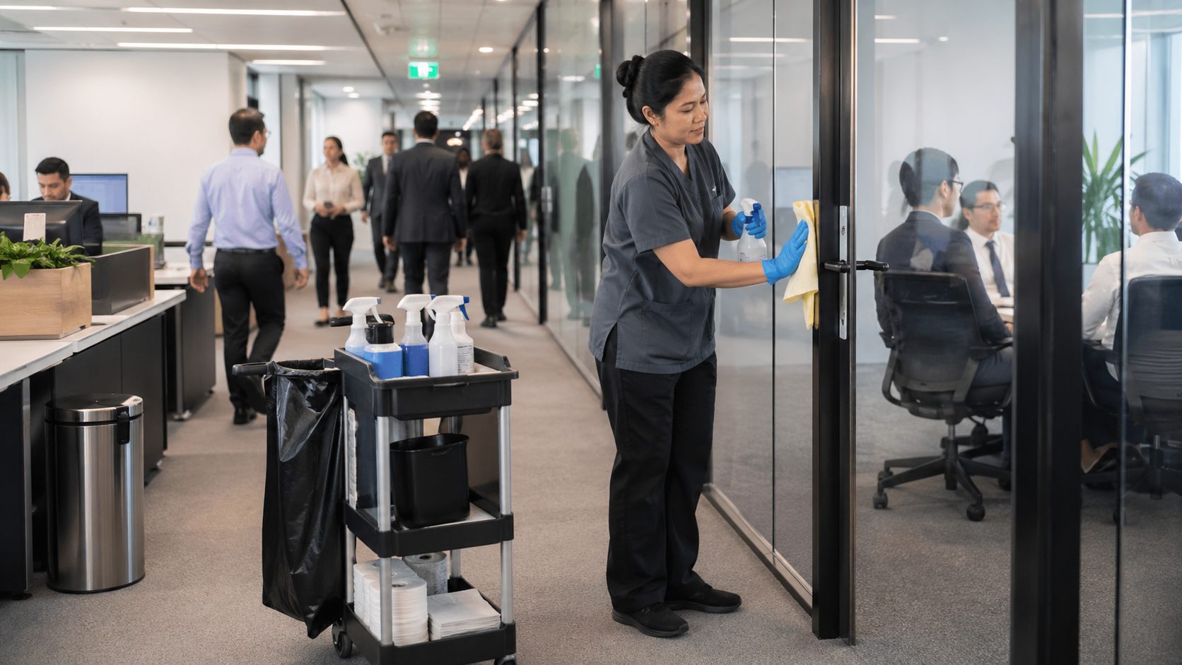 Agent d’entretien nettoyant une porte vitrée dans des bureaux très fréquentés avec des salariés en réunion et en circulation