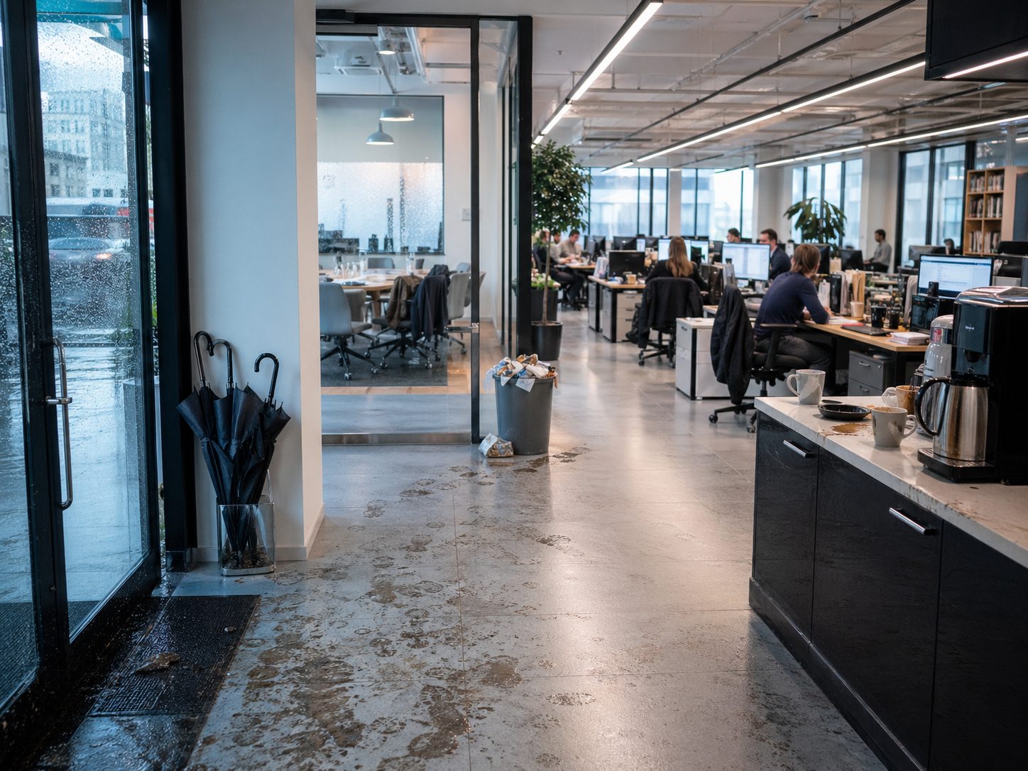 Bureau moderne en période pluvieuse avec traces de pas, parapluies humides, poubelle pleine et espaces de travail très fréquentés.