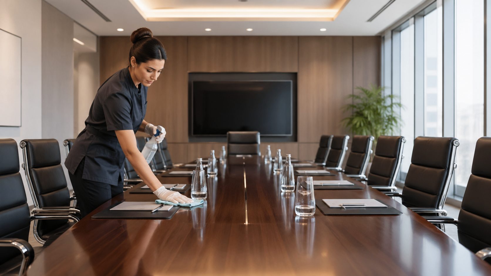 Agent d’entretien nettoyant une salle de réunion professionnelle avant une réunion stratégique