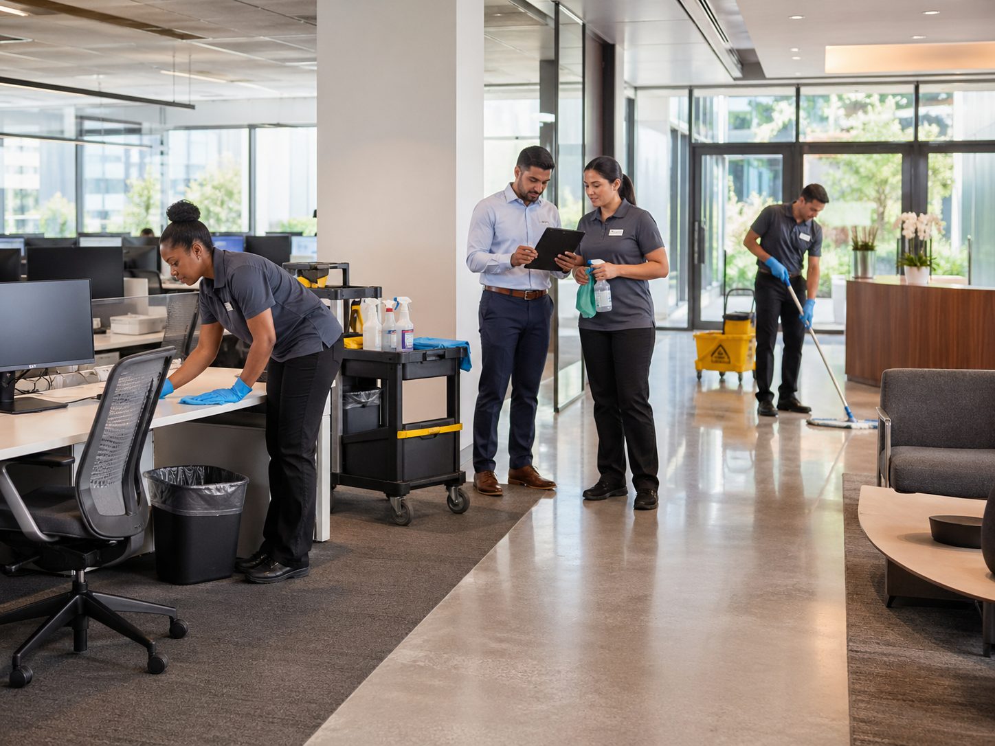 Équipe de nettoyage coordonnant l’entretien des bureaux et des parties communes dans un espace professionnel moderne