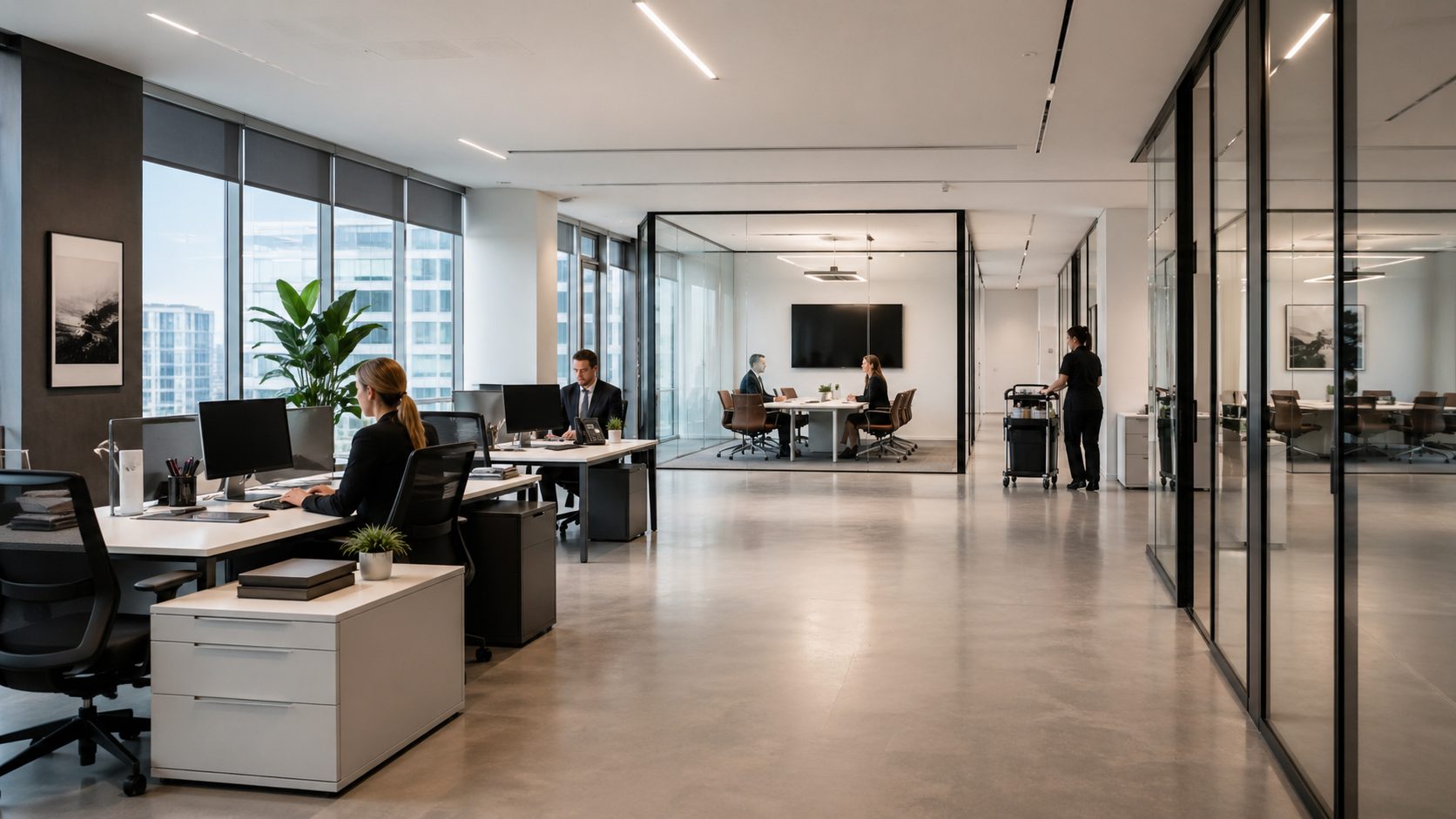 Réunion d’équipe dans un bureau moderne où une responsable explique calmement les choix d’entretien des locaux pour favoriser l’adhésion des collaborateurs.