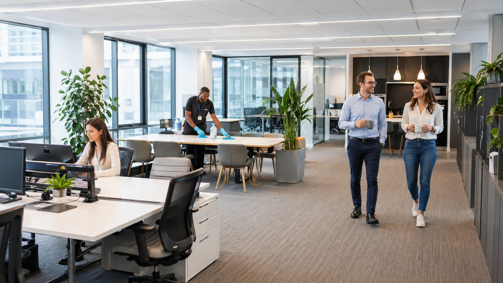 Agent de nettoyage entretenant une salle de réunion dans des bureaux modernes pendant que des salariés travaillent dans un espace propre et agréable.