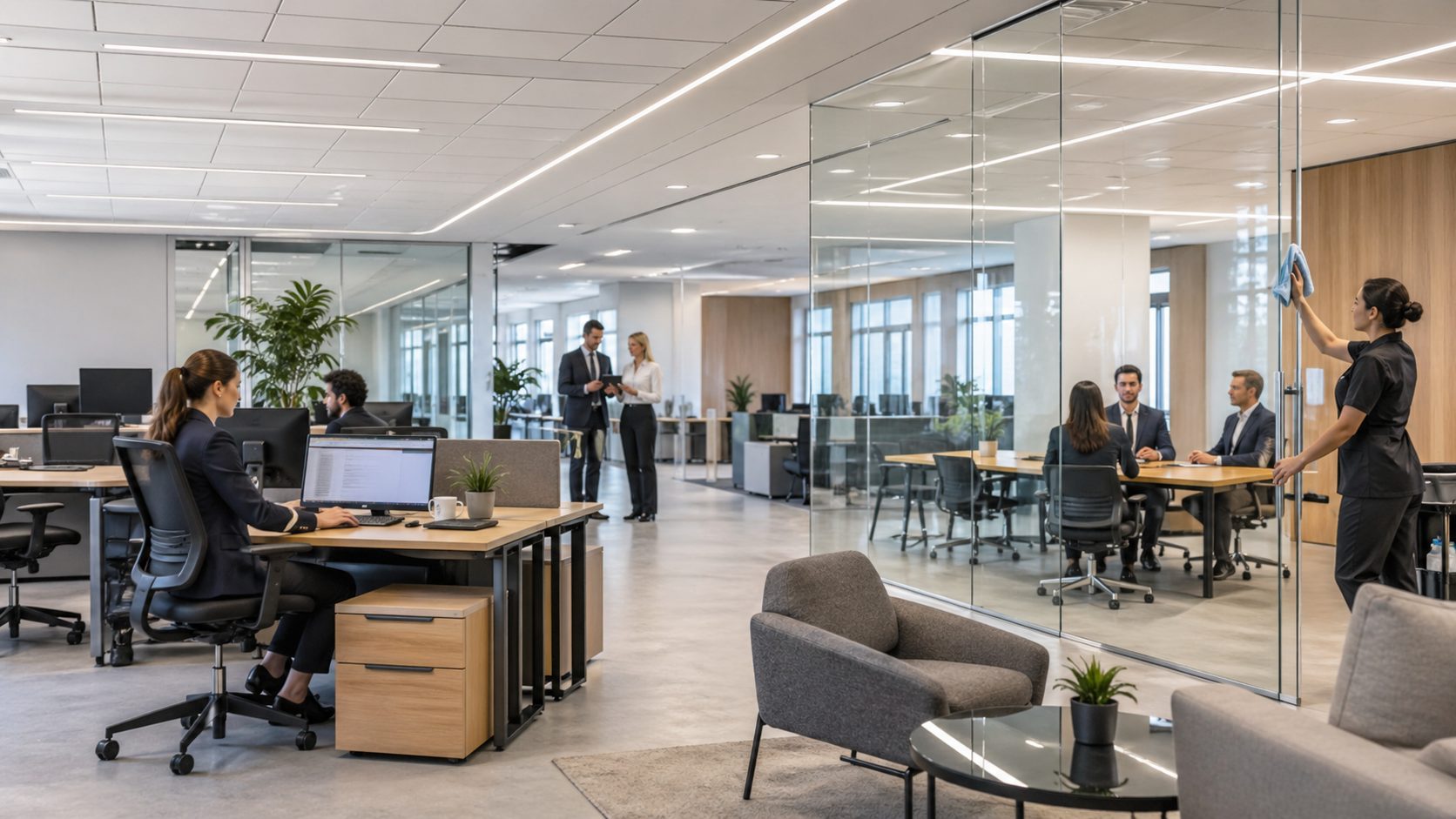 Bureaux d’entreprise modernes et propres avec salariés au travail et agent d’entretien nettoyant une cloison vitrée