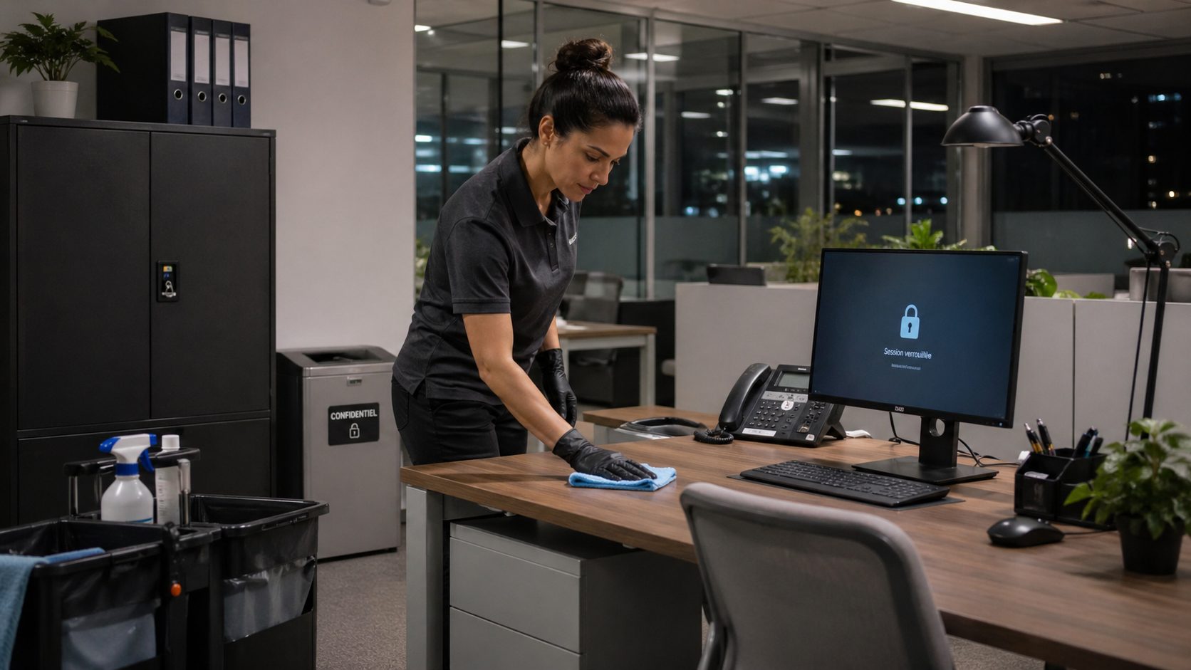 Agent de nettoyage entretenant un bureau professionnel avec écran verrouillé, armoire sécurisée et bac confidentiel pour protéger les données sensibles.