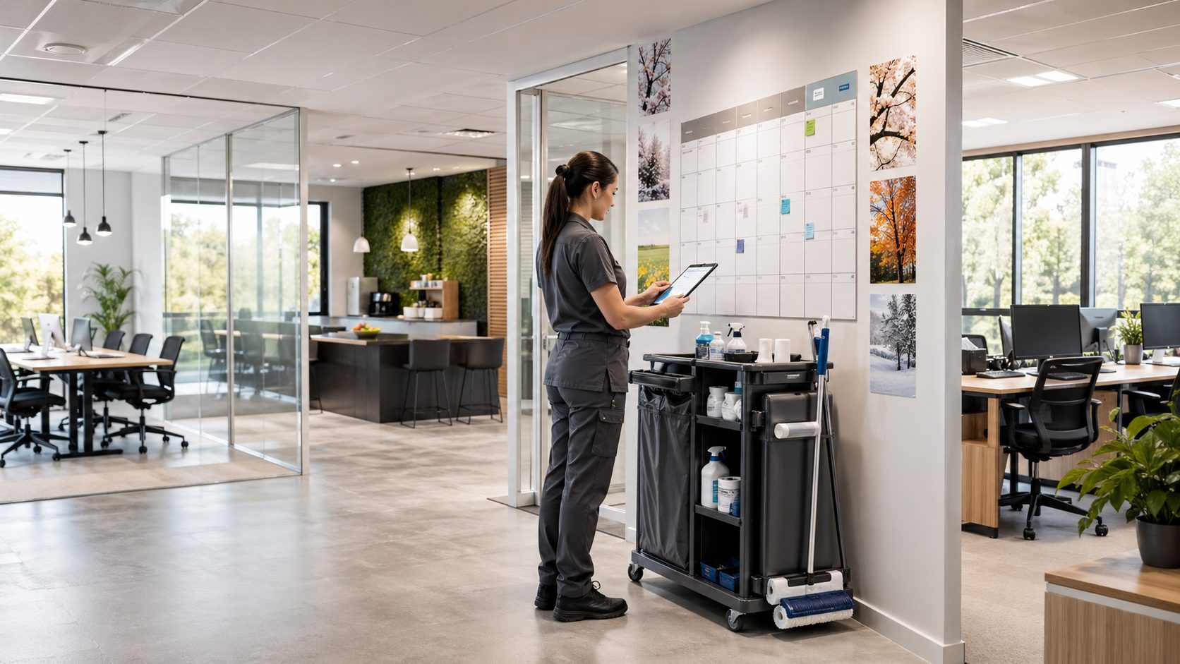 Agent de nettoyage professionnel planifiant l’entretien annuel des bureaux dans un espace de travail moderne et propre