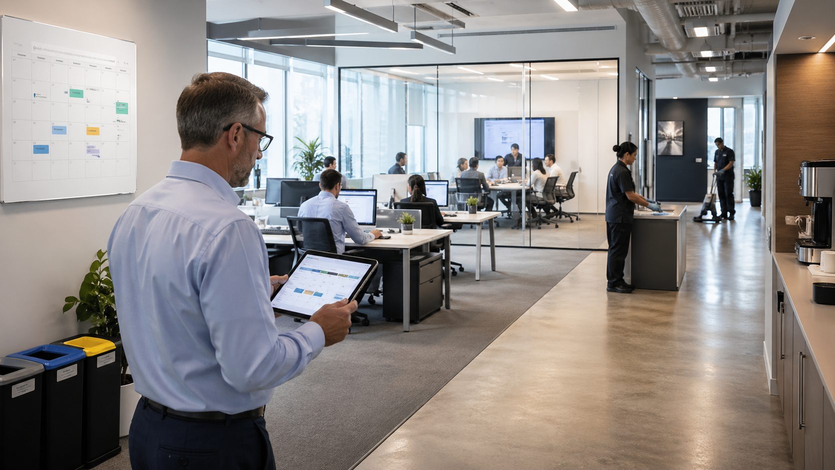 Planification de l’entretien de bureaux selon les périodes fortes et creuses dans un espace de travail moderne