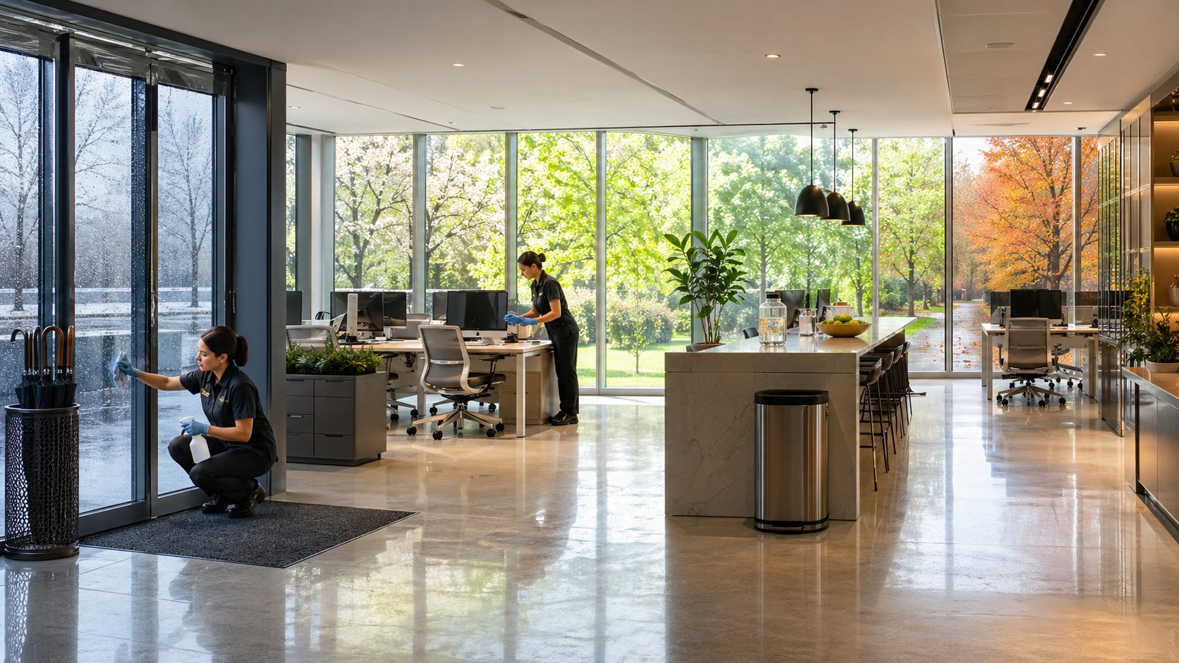 Nettoyage professionnel de bureaux modernes adapté aux saisons avec entretien des sols, vitres, espaces de travail et zones communes.