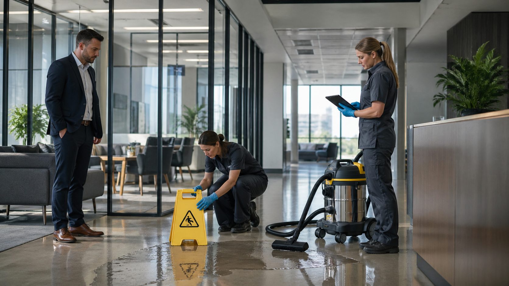 Équipe d’entretien de bureaux intervenant en urgence sur un sol mouillé dans un espace professionnel moderne