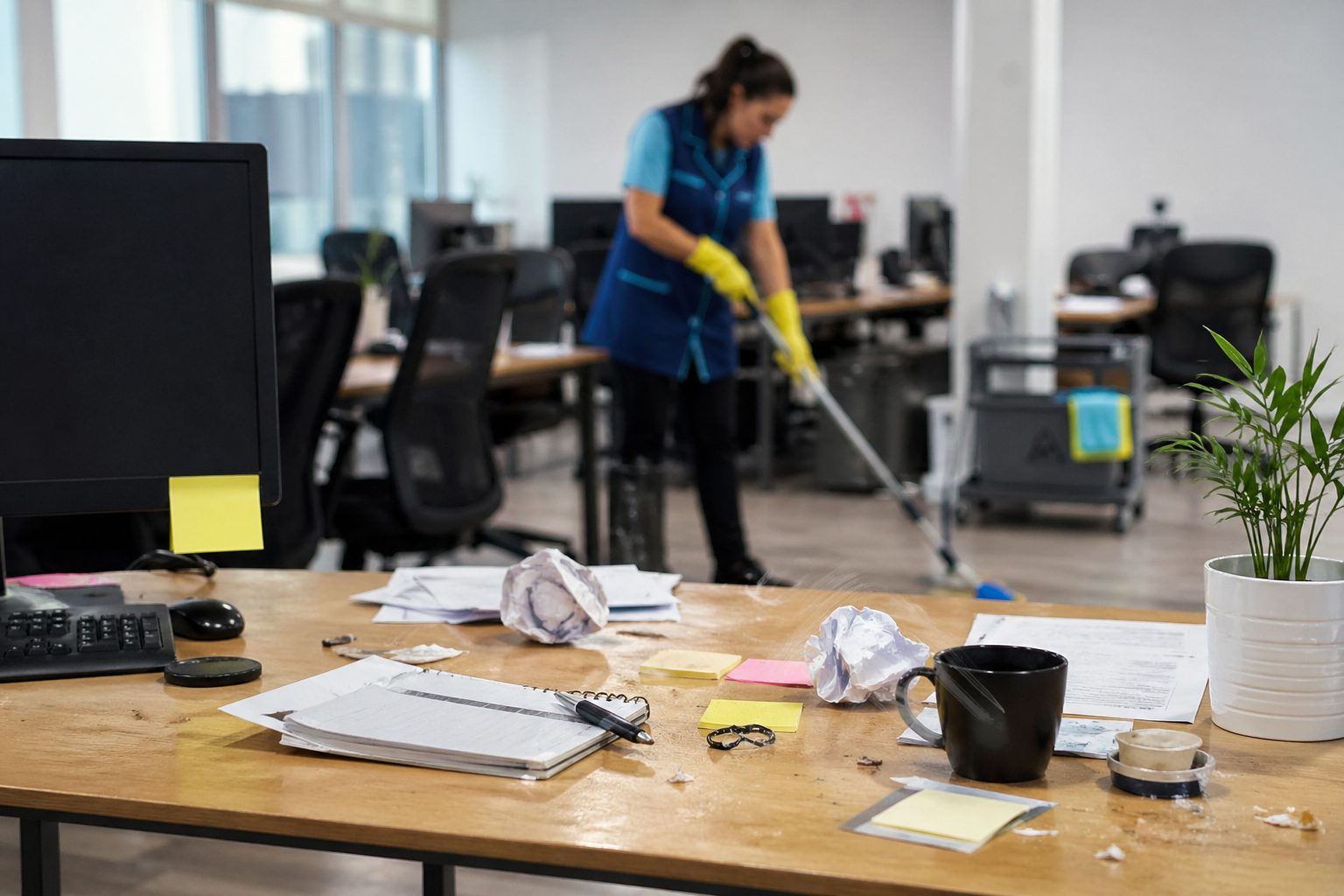 Agent de nettoyage intervenant dans un bureau désordonné illustrant l’impact d’un manque de réactivité du prestataire sur la propreté des locaux professionnels