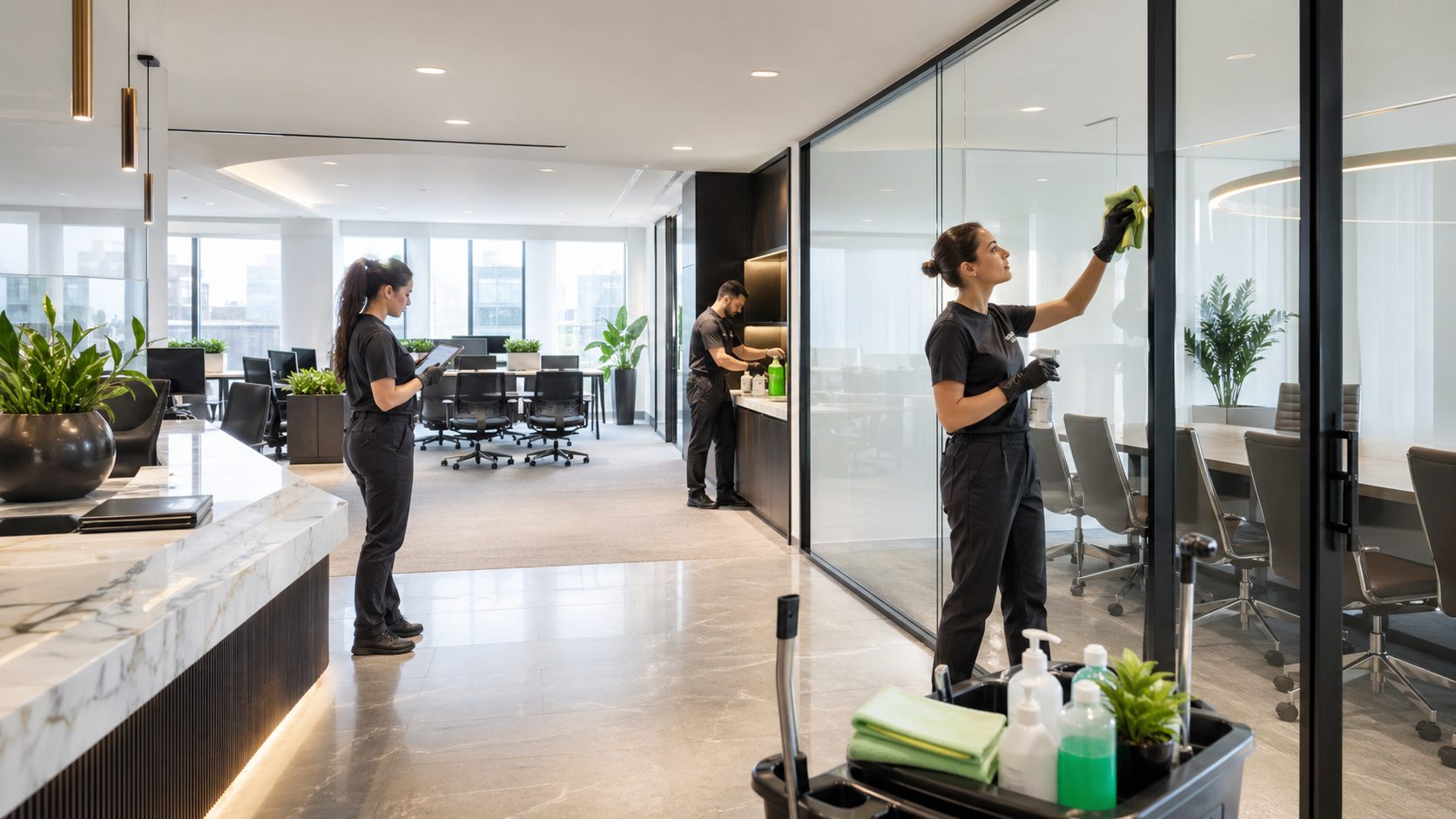 Équipe professionnelle réalisant un nettoyage de bureaux premium dans un espace de travail moderne et lumineux