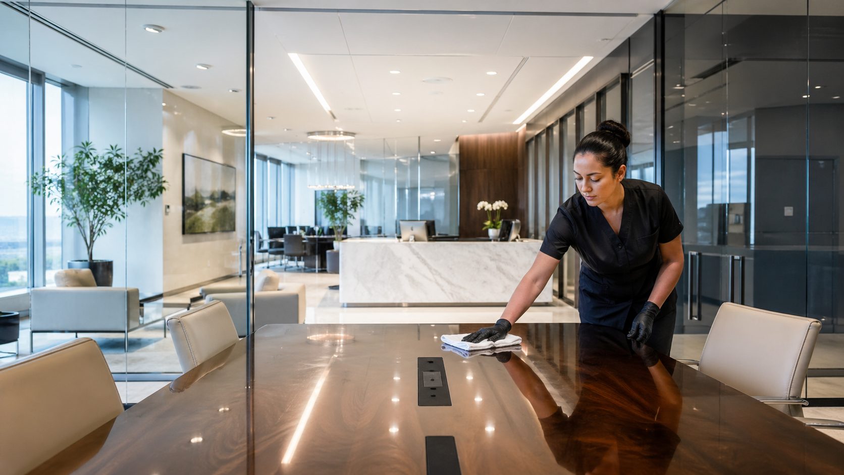 Agent de nettoyage professionnel entretenant une table de réunion dans des bureaux haut de gamme modernes et impeccables