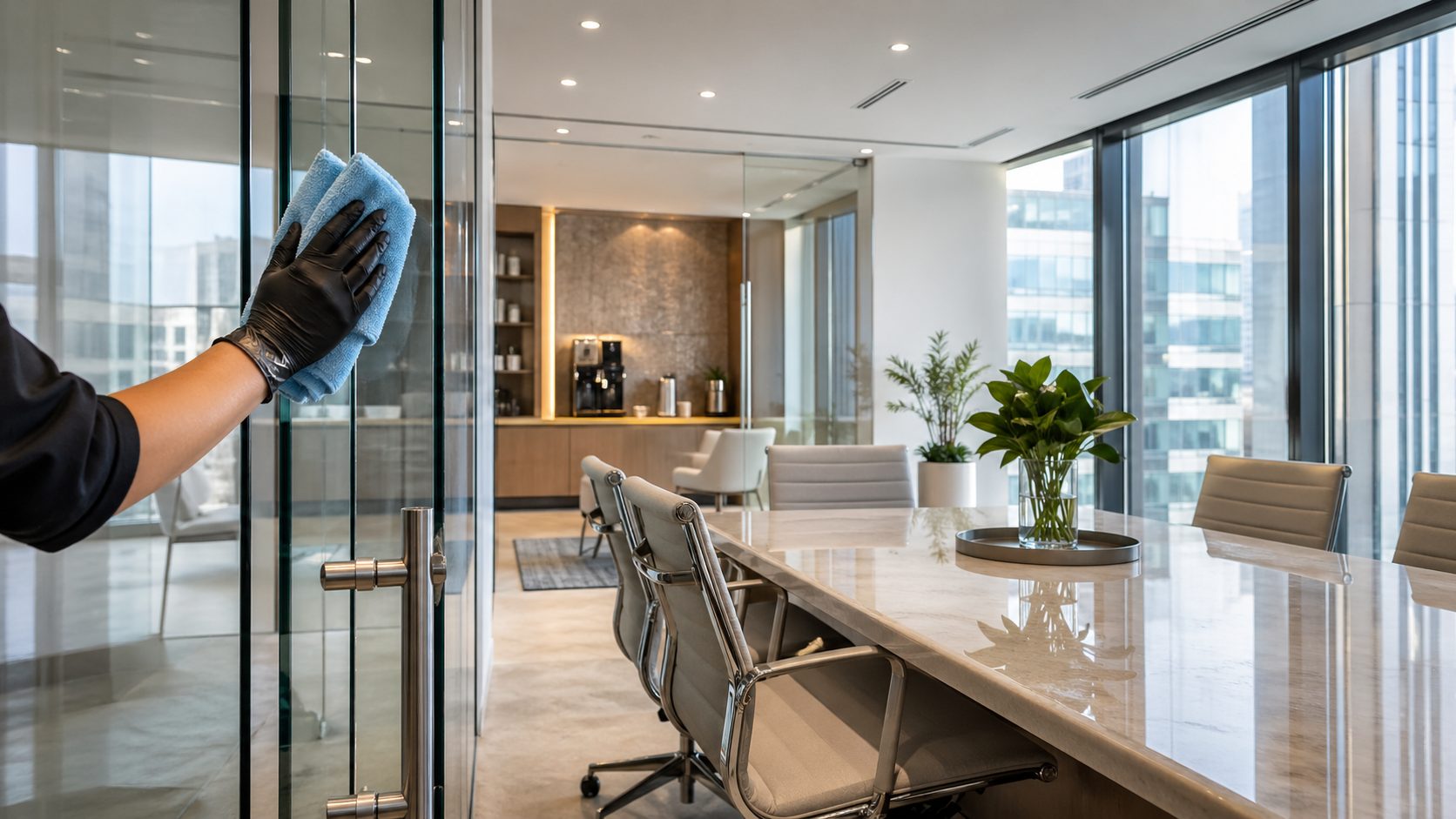Agent nettoyant une paroi vitrée dans un bureau premium moderne avec table de réunion impeccable et espace lumineux