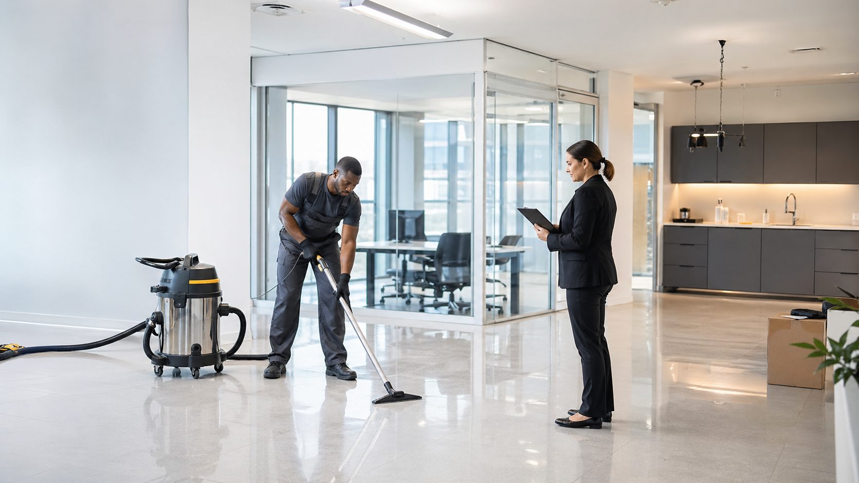 Agent de nettoyage professionnel nettoyant des bureaux modernes avant la restitution d’un bail professionnel