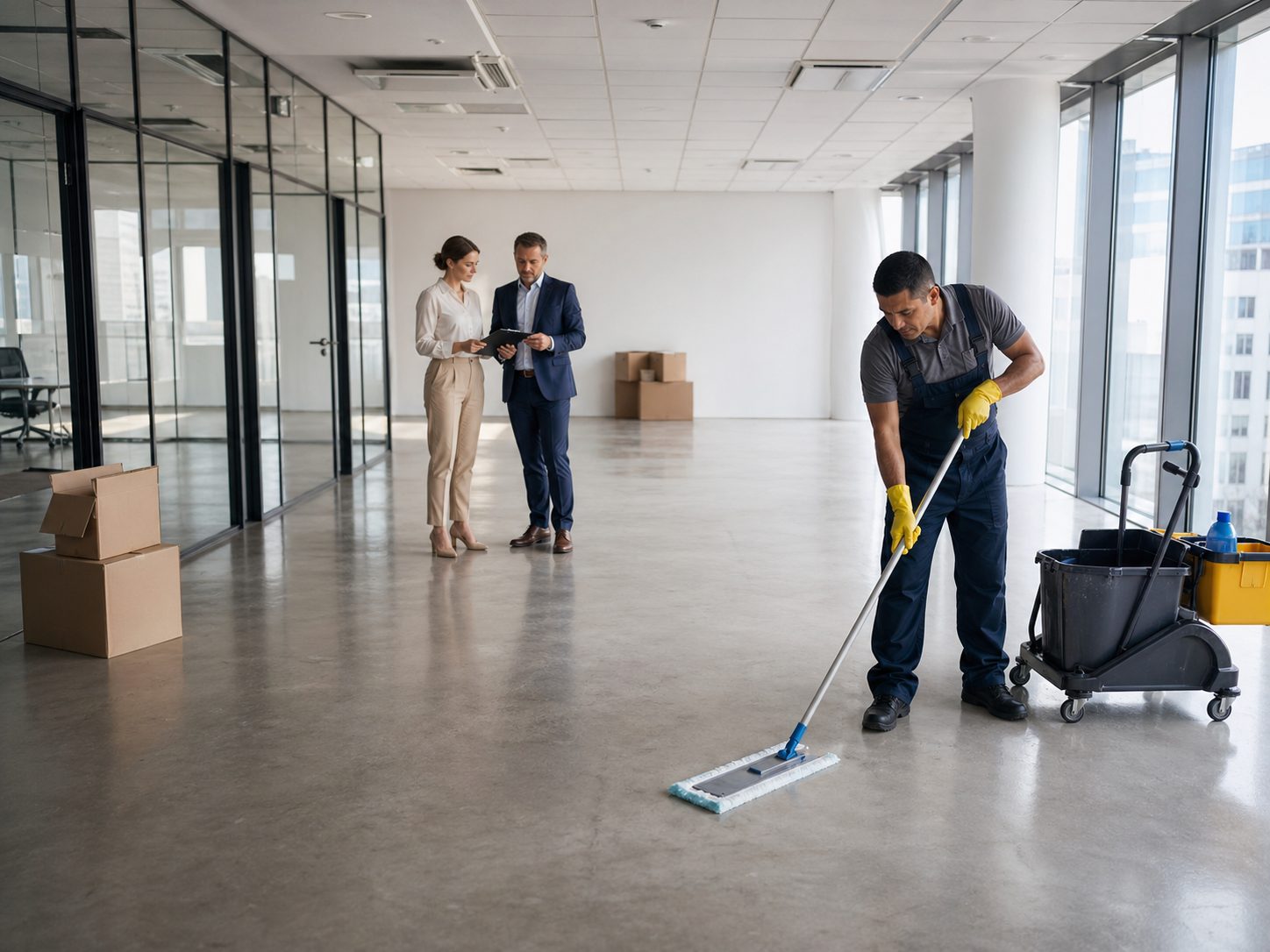 Agent d’entretien nettoyant une vitre dans des bureaux modernes avant un état des lieux professionnel