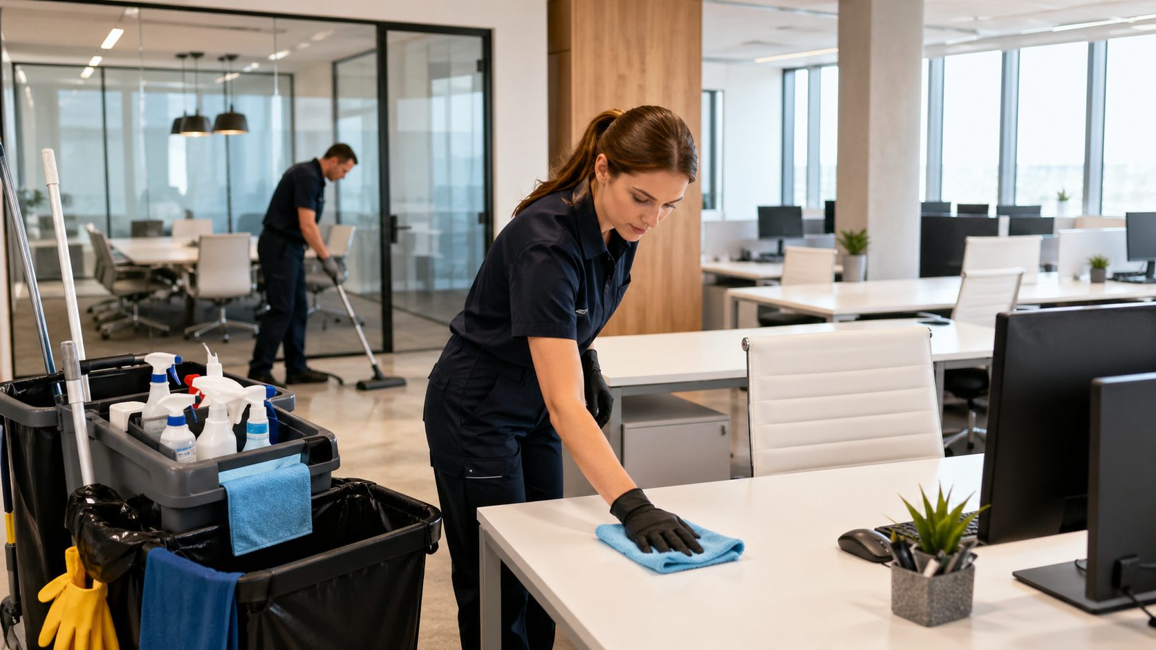 Agent de propreté nettoyant un bureau moderne dans une entreprise multiservices avec matériel professionnel