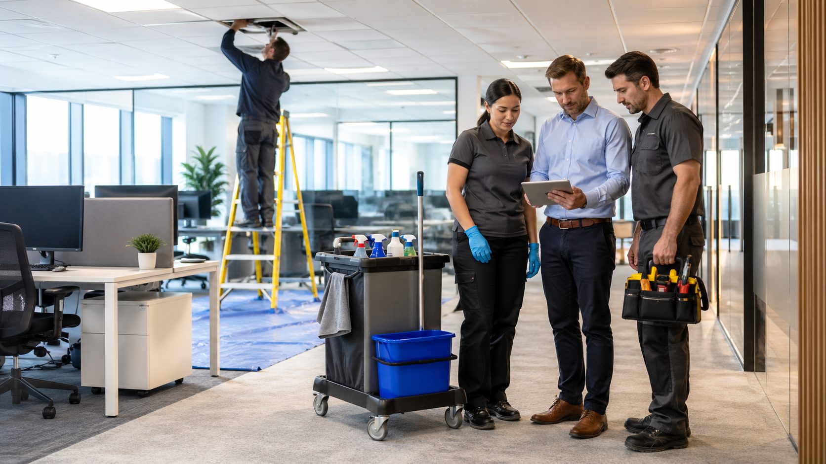 Coordination de l’entretien de bureaux avec une équipe de nettoyage et des prestataires techniques dans des locaux professionnels modernes