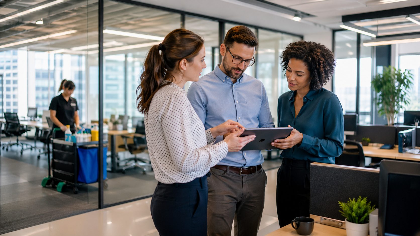 Employés analysant les retours des salariés sur le nettoyage de bureaux dans un espace de travail moderne