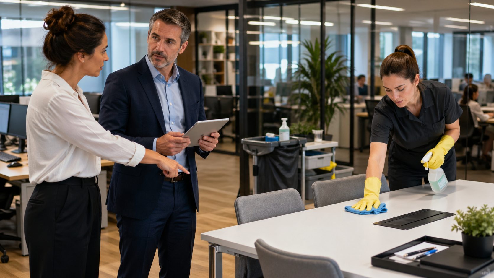 Professionnels transformant une remarque sur l’entretien de bureaux en action concrète avec une agente de nettoyage intervenant dans un espace de travail moderne.