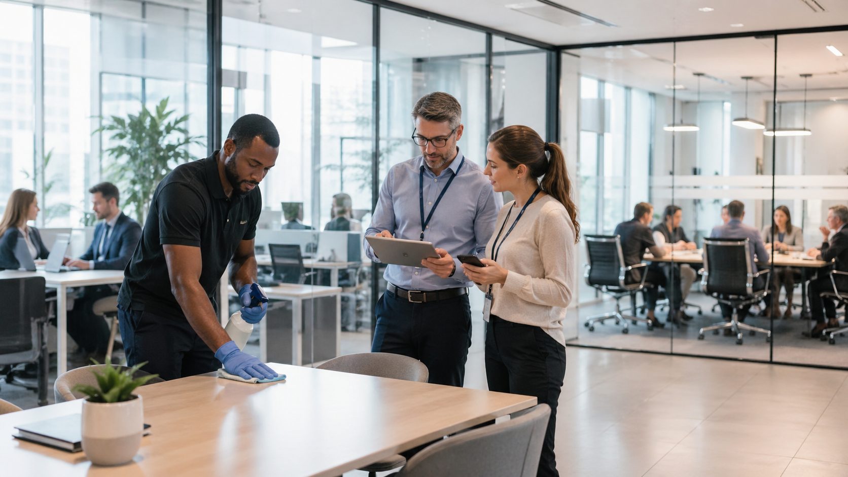 Agent d’entretien nettoyant une table de bureau pendant que deux collaborateurs suivent la propreté des locaux sur tablette et smartphone