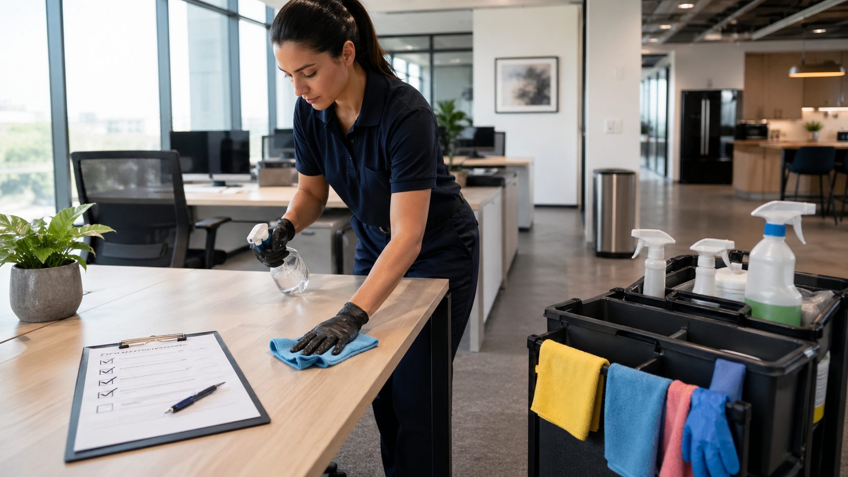 Agent d’entretien nettoyant un bureau moderne avec une checklist de nettoyage et un chariot organisé pour garantir un entretien régulier des locaux professionnels.