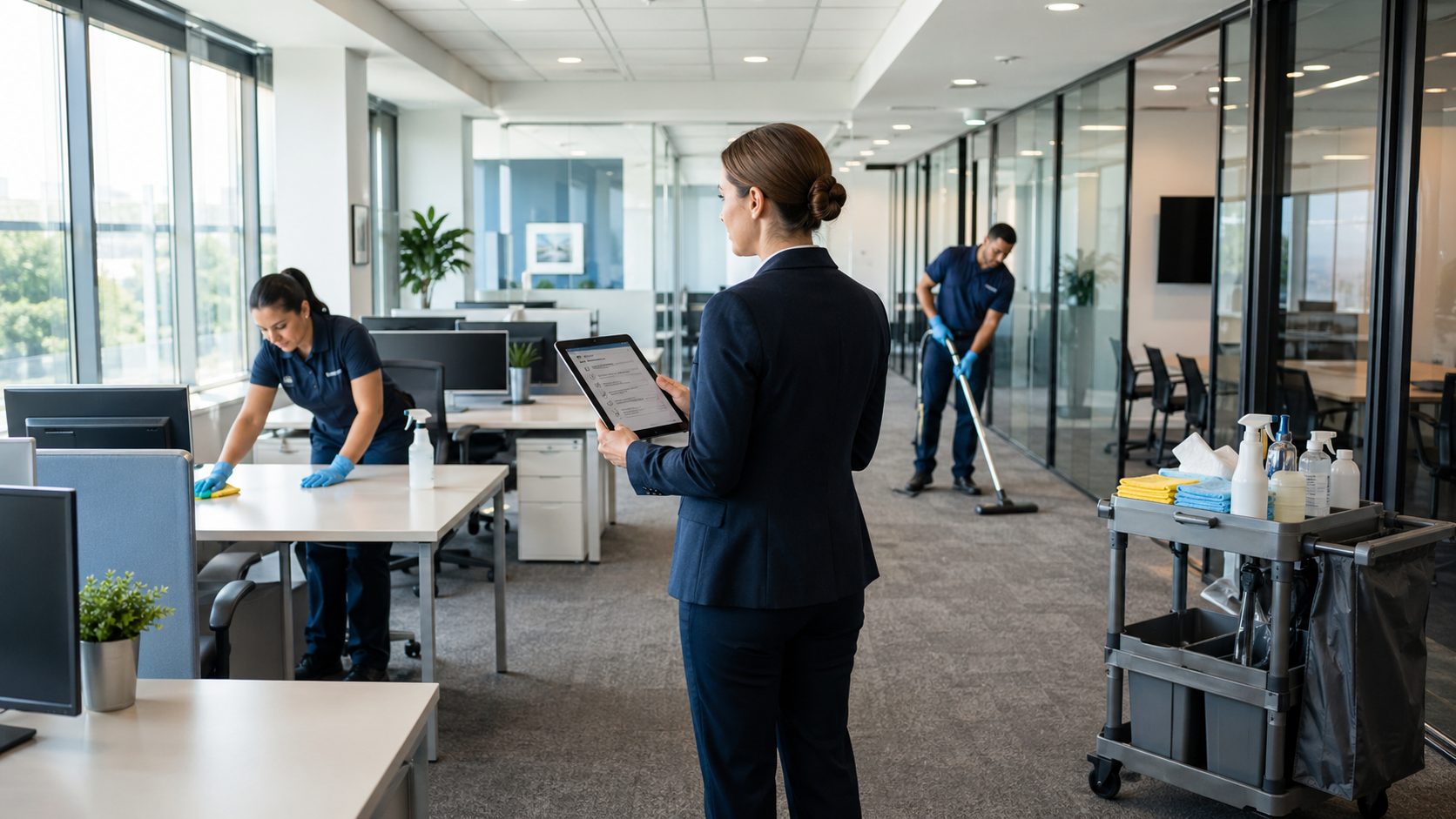 Responsable qualité supervisant une équipe de nettoyage dans des bureaux modernes pour garantir un entretien régulier et professionnel