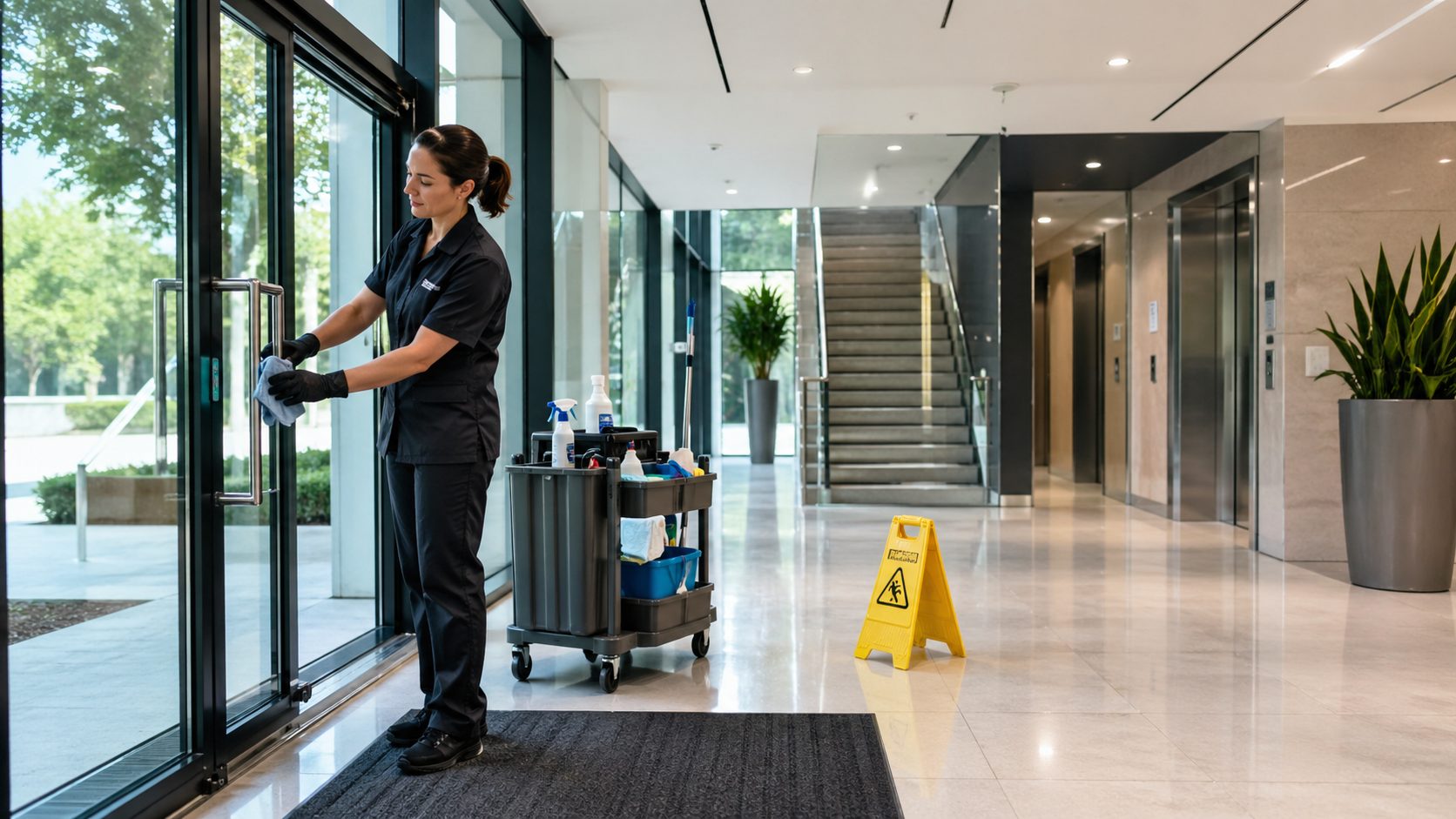 Agent d’entretien nettoyant une porte vitrée dans un hall de bureaux moderne avec chariot de nettoyage, tapis d’entrée et panneau sol humide.