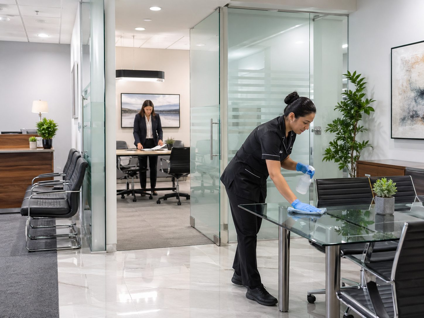 Agent de nettoyage désinfectant une salle de réunion propre avant un entretien de recrutement en entreprise