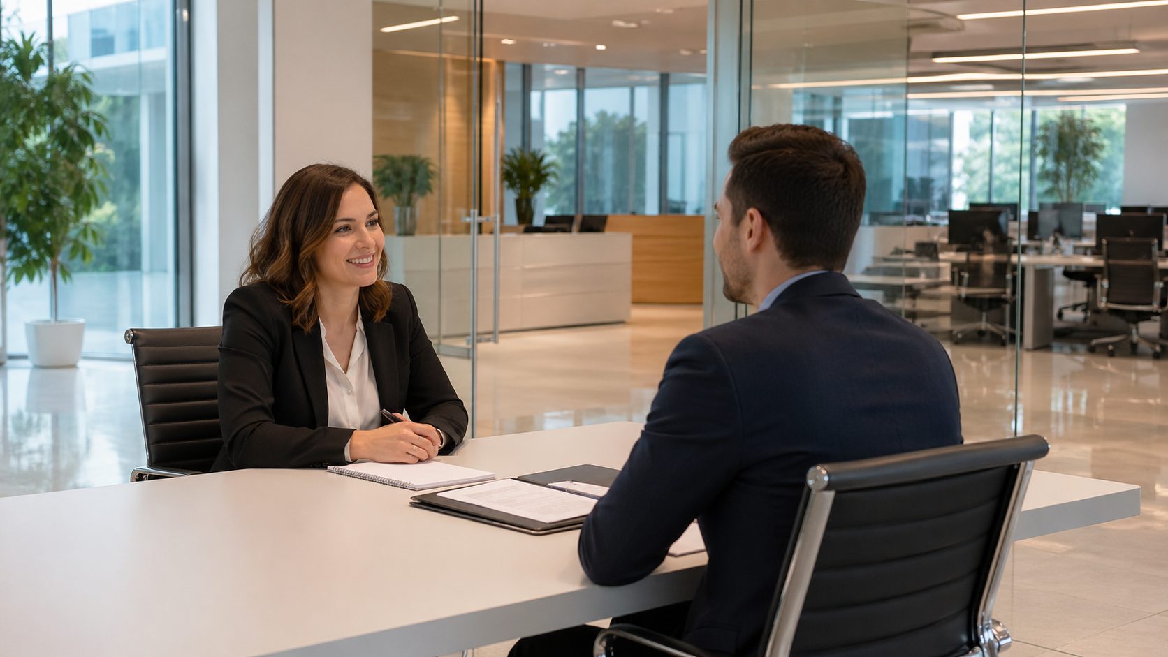 Entretien d’embauche dans des bureaux propres et modernes illustrant l’impact de la propreté sur l’image de l’entreprise auprès des candidats