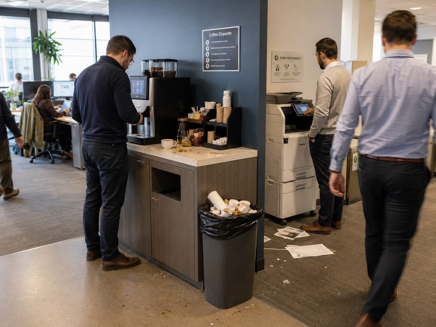 Propreté dégradée autour des équipements partagés dans un bureau moderne avec machine à café, imprimante, déchets et documents au sol