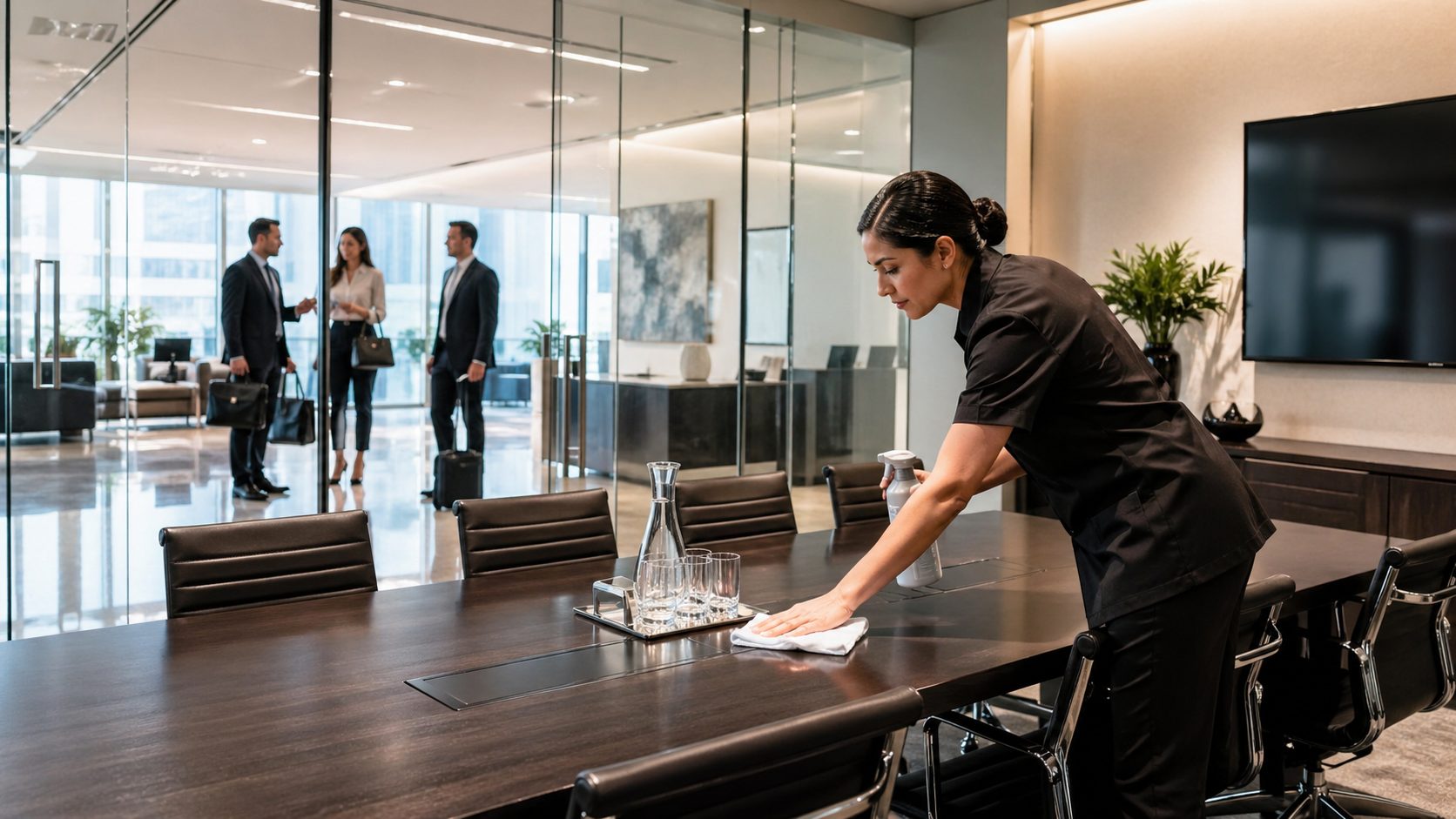 Agent de nettoyage préparant une salle de réunion moderne et impeccable avant l’arrivée de partenaires professionnels