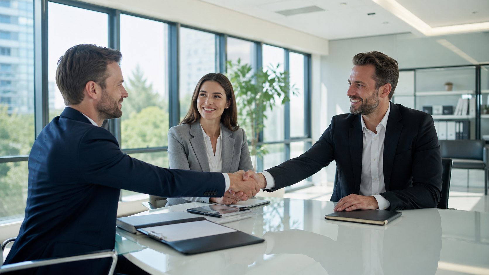 Réunion professionnelle dans des bureaux propres et modernes renforçant la confiance entre une entreprise, un fournisseur et un investisseur