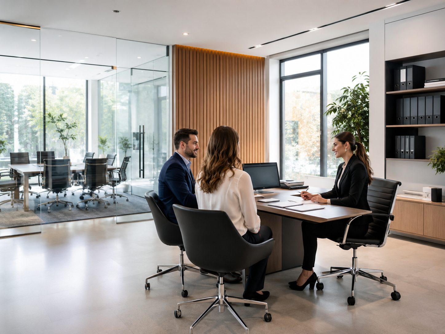 Bureaux modernes et impeccablement propres accueillant des clients en réunion professionnelle