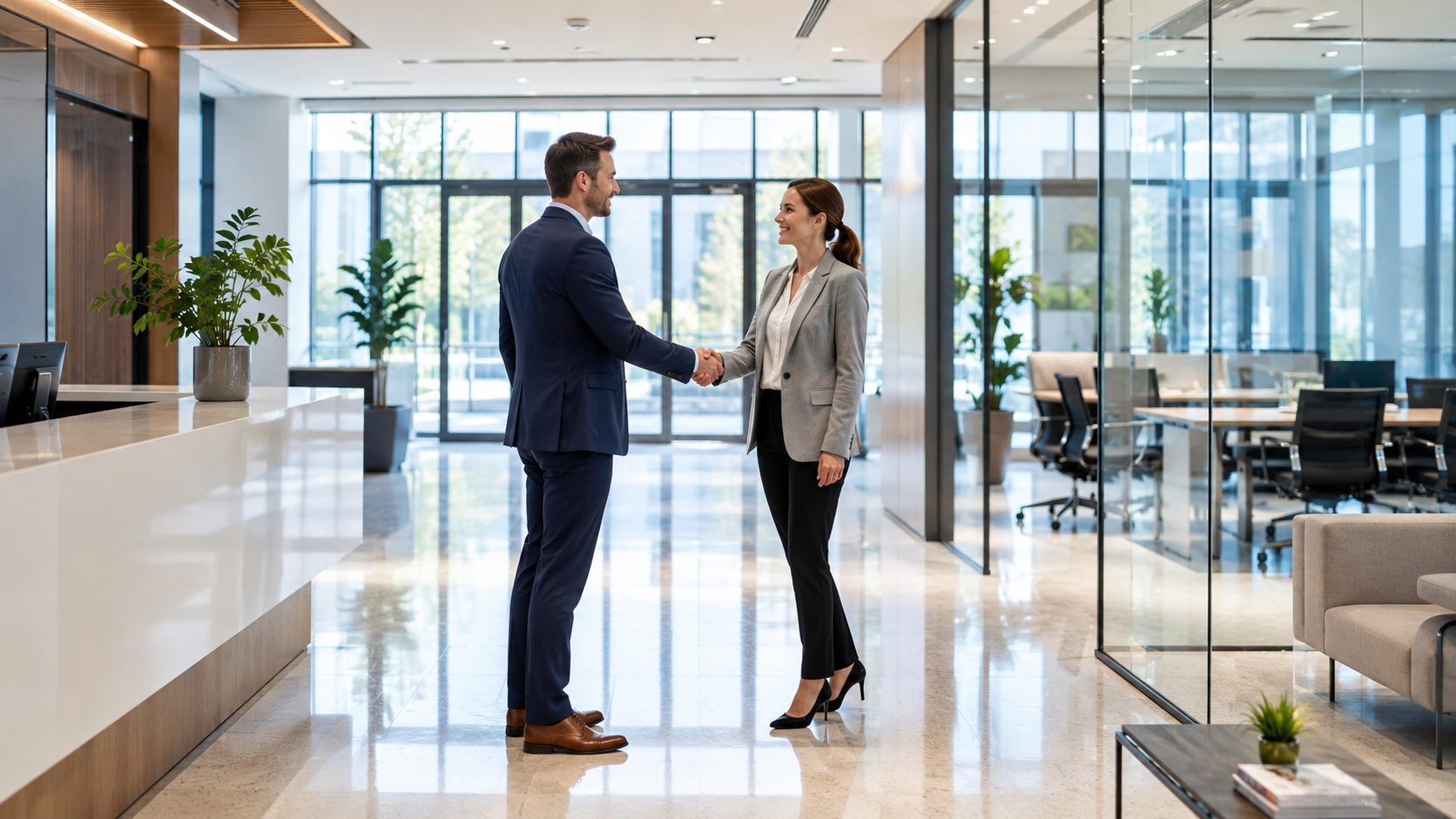 Deux professionnels se serrent la main dans des bureaux modernes, propres et lumineux, illustrant l’impact d’un entretien irréprochable sur l’image de marque et la confiance client.