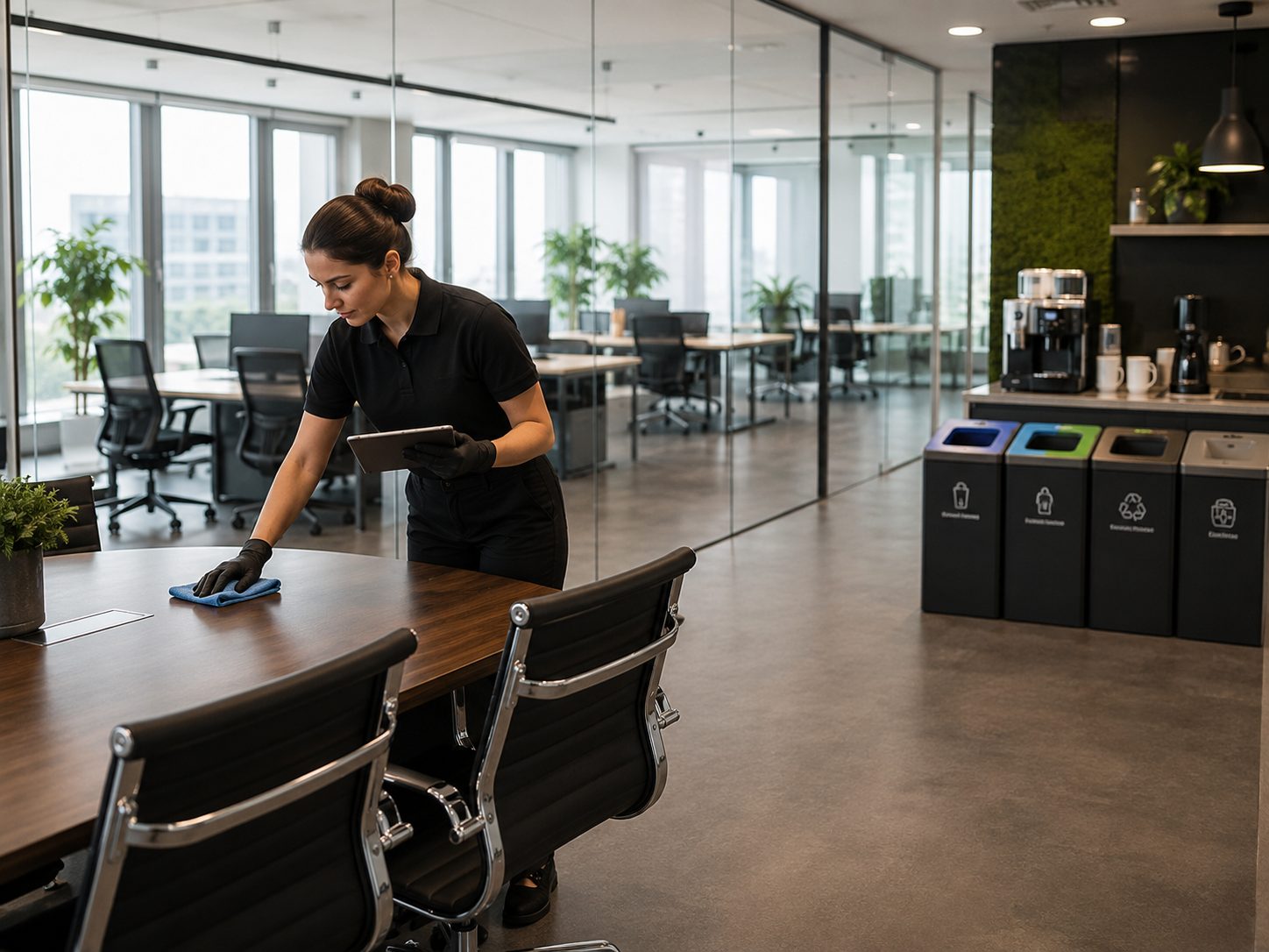 Agent d’entretien nettoyant une table de réunion dans des bureaux modernes et bien organisés