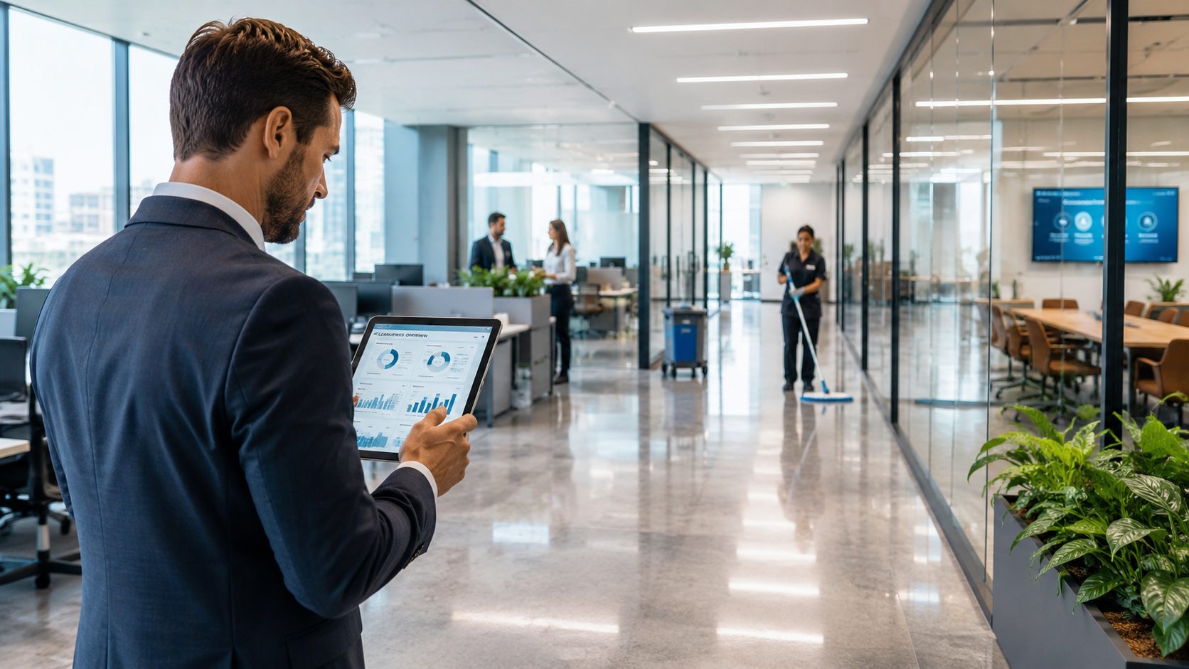 Responsable pilotant la propreté des bureaux avec un tableau de bord dans un espace de travail moderne et propre