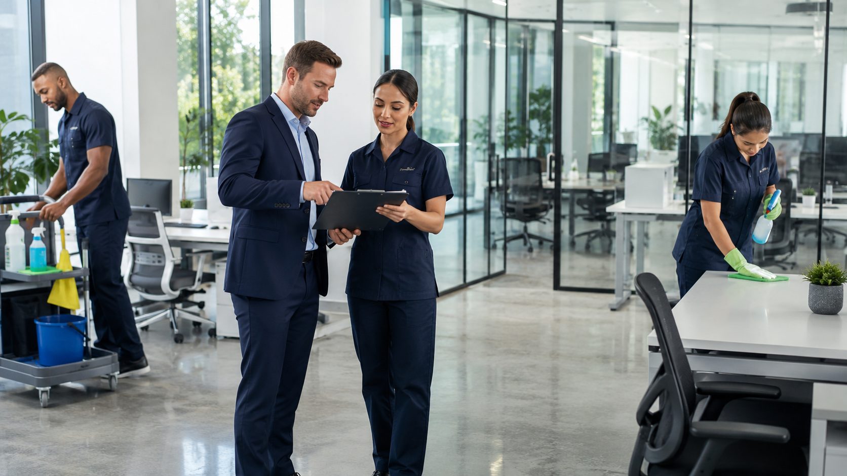 Responsable d’entreprise échangeant avec une superviseure de nettoyage dans des bureaux modernes pendant qu’une équipe entretient les espaces de travail