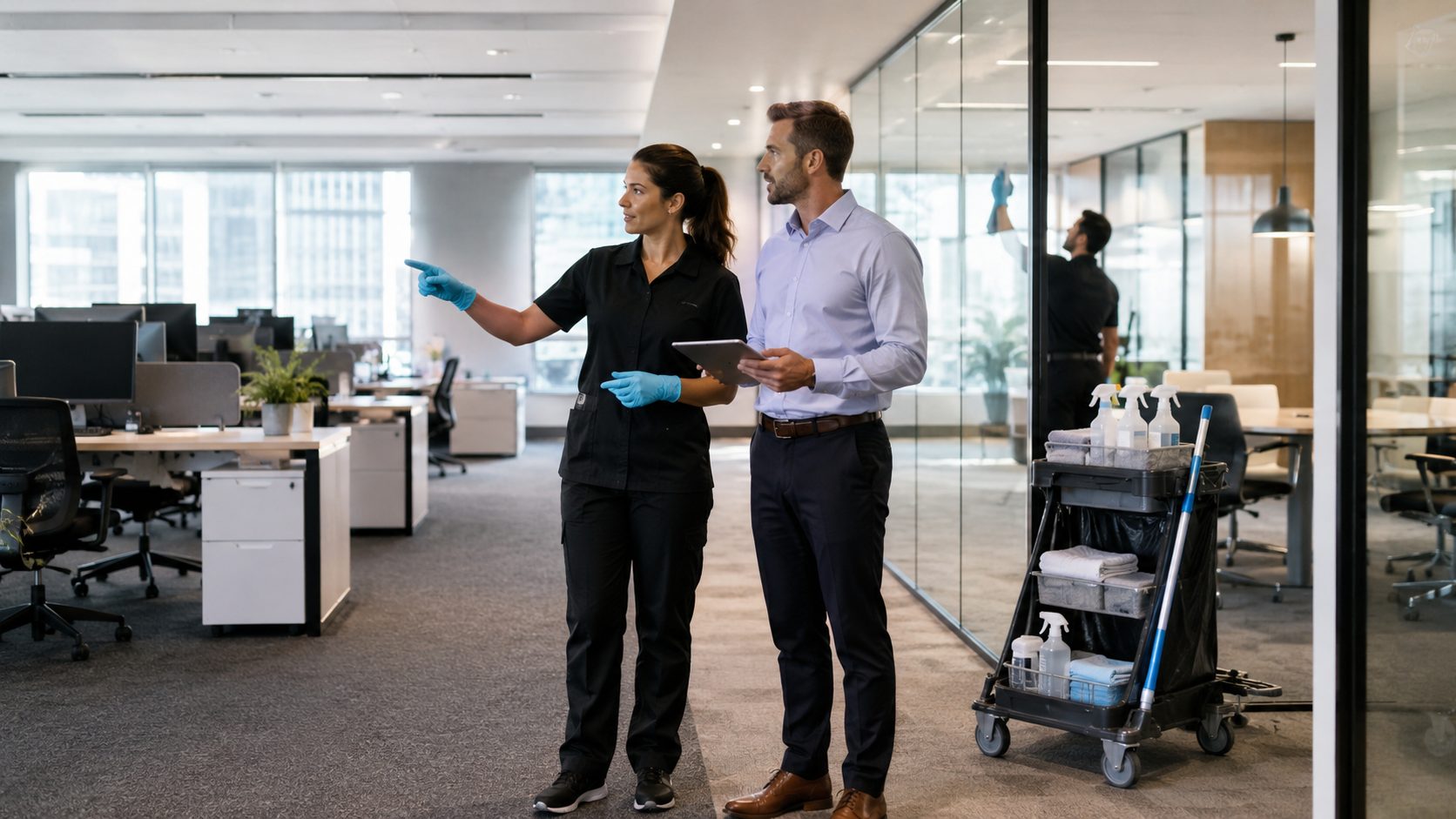 Responsable de nettoyage professionnel et gestionnaire d’entreprise contrôlant la propreté de bureaux modernes