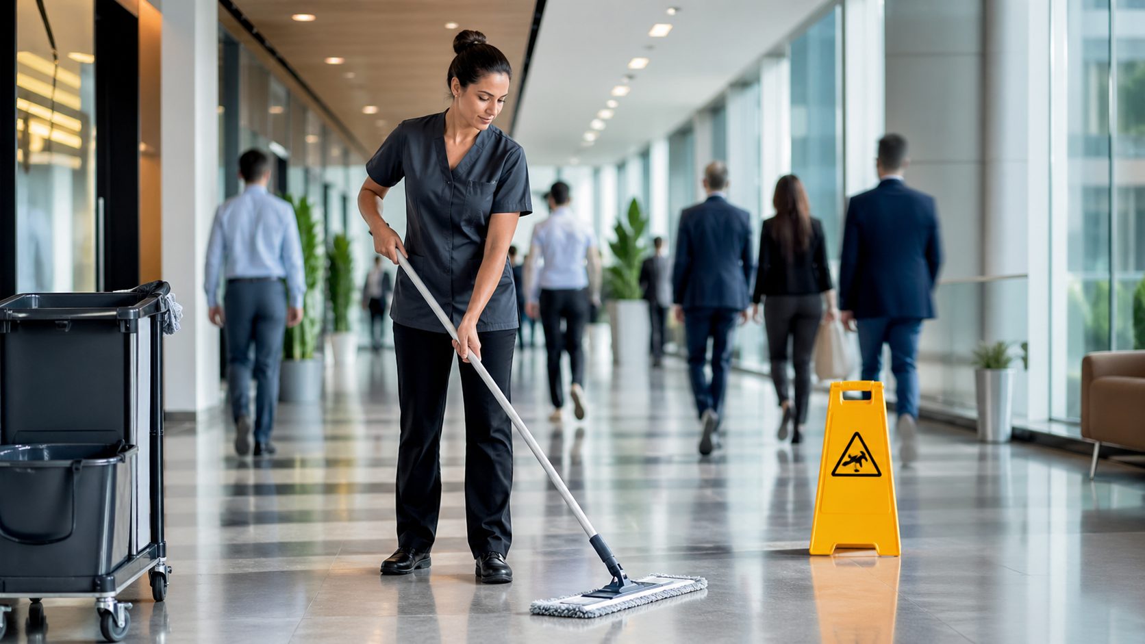 Agent d’entretien nettoyant un couloir de bureaux très emprunté avec panneau de sol humide et salariés en arrière-plan
