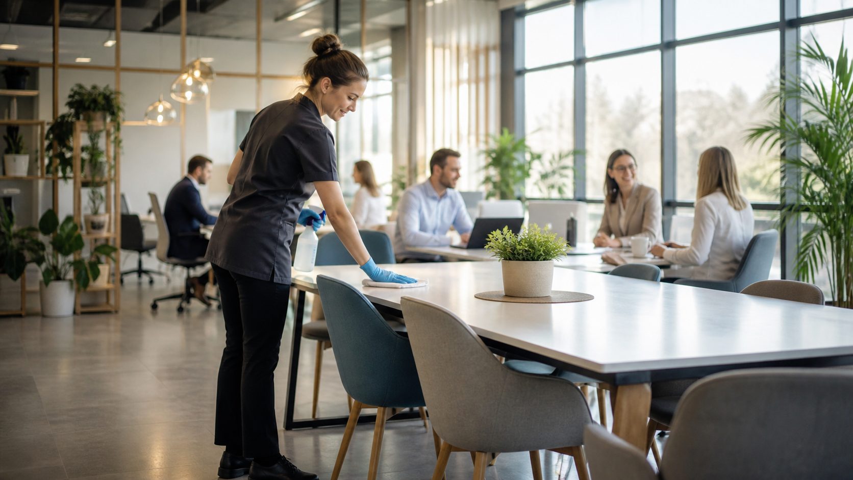 Agent d’entretien nettoyant une table dans un bureau moderne avec des salariés au travail dans un environnement propre et agréable