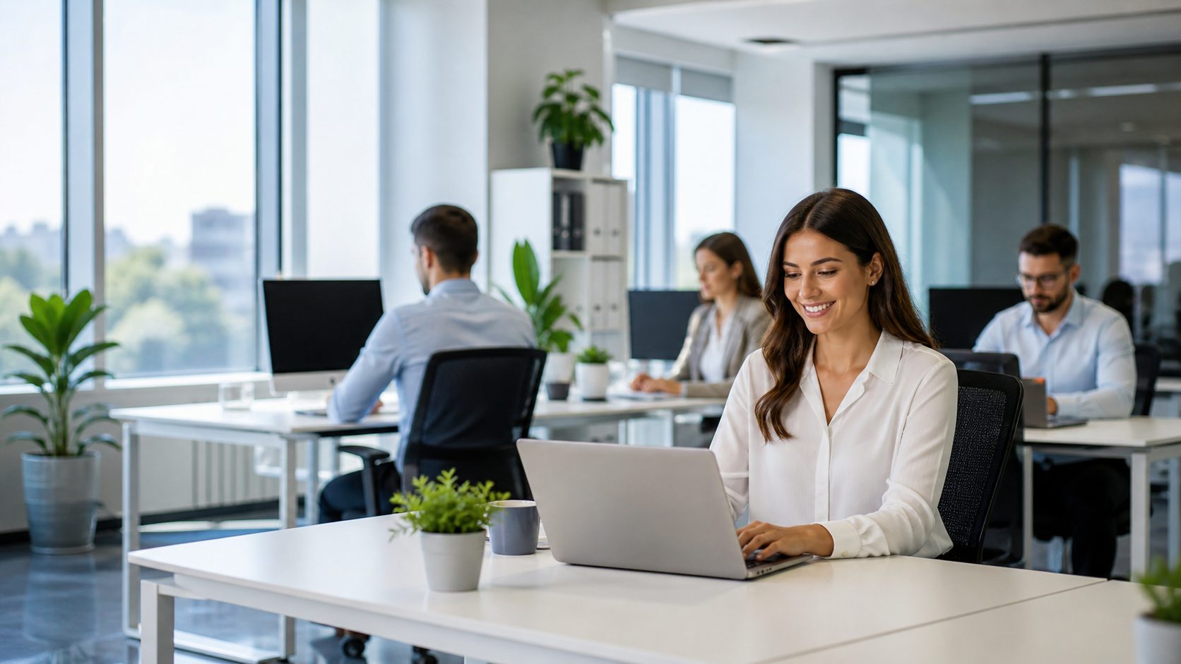 Employés souriants travaillant dans un bureau propre, lumineux et bien rangé, illustrant l’impact de la propreté sur la satisfaction quotidienne au travail