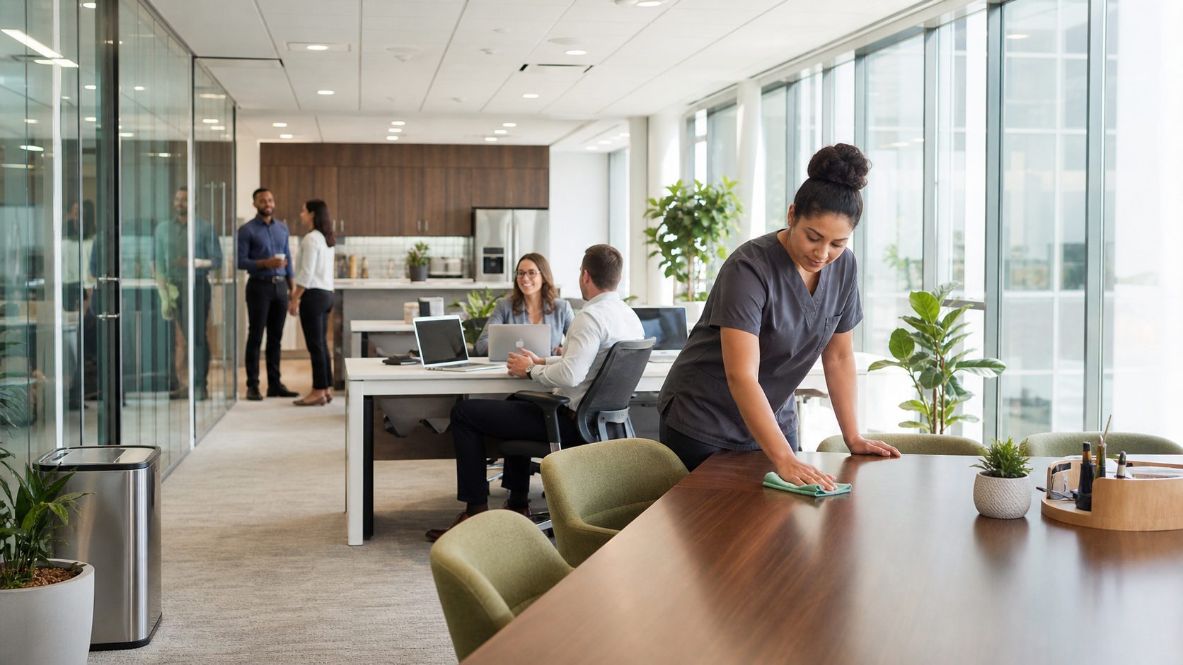 Agent d’entretien nettoyant une table dans des bureaux modernes afin de maintenir un environnement de travail propre, organisé et agréable pour les collaborateurs