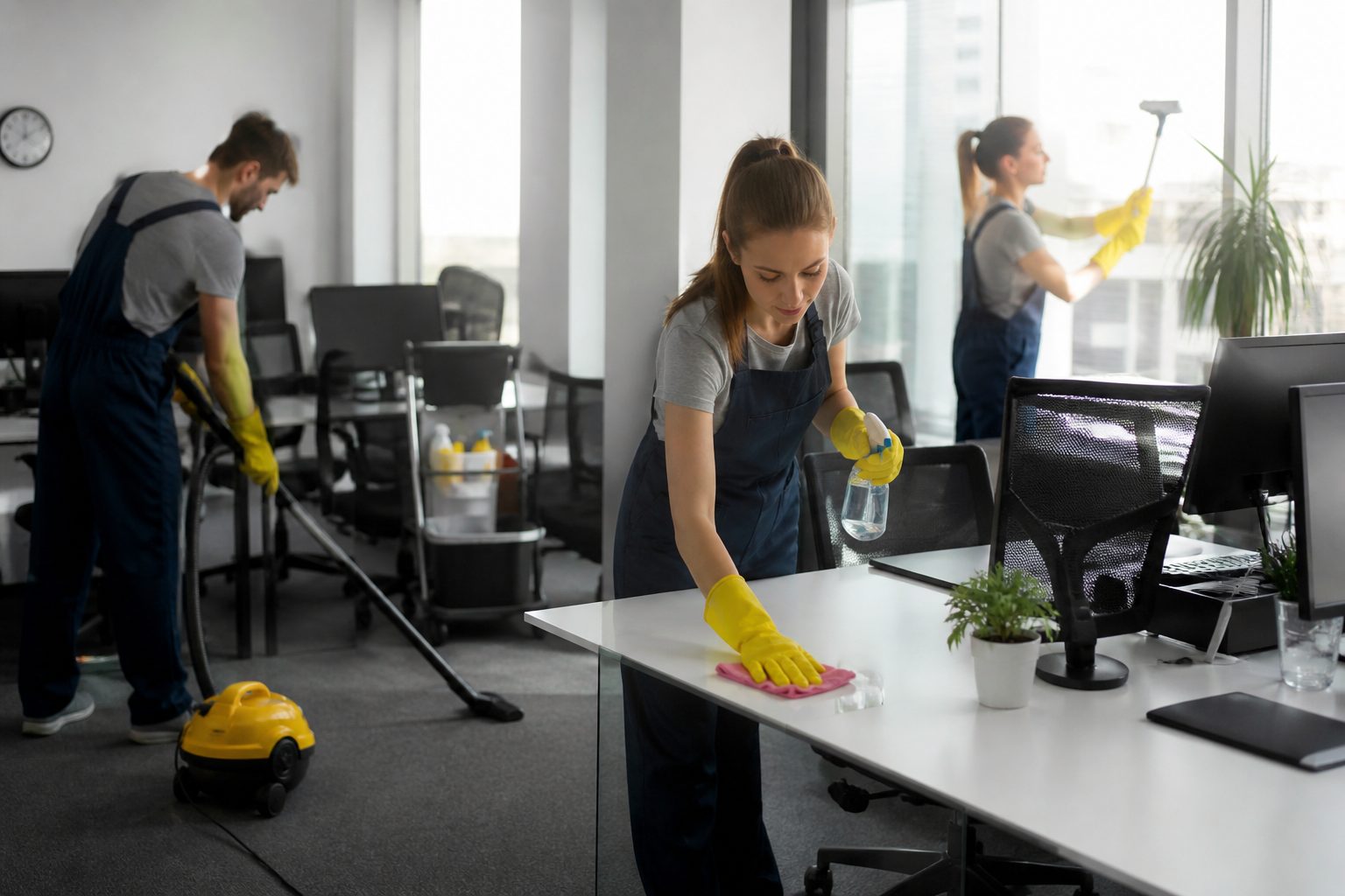 Agents professionnels nettoyant des bureaux modernes avec soin dans le cadre d’un service de nettoyage bien assuré
