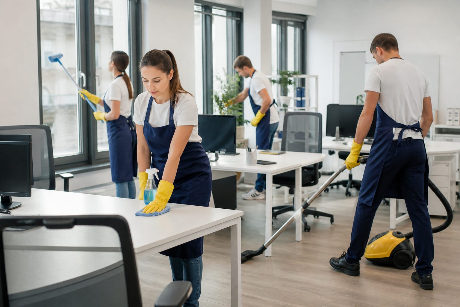 Équipe de nettoyage professionnel intervenant dans des bureaux modernes selon des horaires définis dans un contrat
